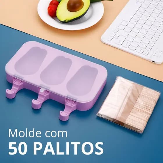 Molde para Picolé Frutas Forma Silicone com 50 Palitos