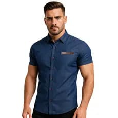 Camisa Masculina Algodão com Poliéster Mag Camisaria Manga Curta Slim Fit