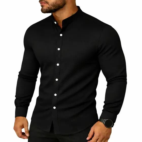 Camisa Slim Blusa Social Masculina Manga Longa Gola Mandarim