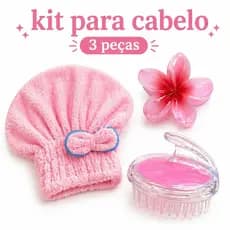 Kit para cabelo 3 peças completo_ Touca Microfibra + Escova Massageadora +Presilha flor- cuidados capilares