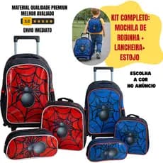 KIT MOCHILA HOMEM ARANHA ESTOJO E LANCHEIRA BOLSA DE RODINHA SPIDER MAN COR AZUL VERMELHA GRANDE ESCOLAR BOLSA DE MENINO