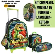 MOCHILA DINOSSAURO DINO DE RODINHAS KIT COMPLETO MOCHILA ESTOJO E LANCHEIRA TERMICA BOLSA MENINO ESCOLA DINOSAURO REX