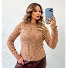 Blusa Feminina Tendencia De Inverno Tricot Modal Com Tranças Largas Manga Longa