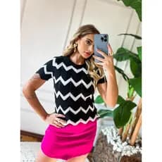 Blusa Listrada Feminina T-Shirt  Com Zig Zag Tricot Modal Manga Curta