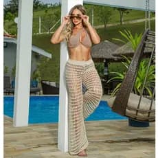 Calça Feminina Saída De Praia Tricot Moda Tendencia de Verao Crochê Com Furinhos