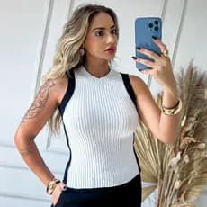 Blusa Regata Feminina Canelado Trico Modal Listrada Básica Bicolor Intarsia Americana