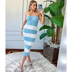 Vestido Midi Feminino Canelado Tubinho Listrado Tomara Que Caia Trico Modal Premium