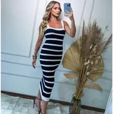 Vestido Midi Feminino Tricot Modal Canelado Listrado Com Alçinha De Verão