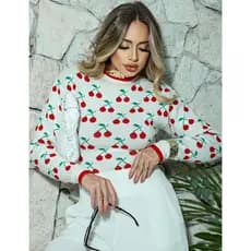 Blusa Suéter Feminina Tricot Modal com Manga Longa Inverno Com Estampa De Cereja Elegante Tendência