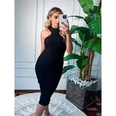 Vestido Midi Premium Feminino Tubinho Canelado Tricot Modal Com Gola Alta