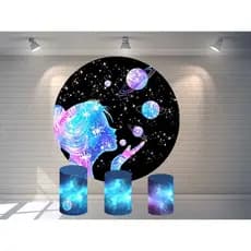Kit Painel de Festa Sublimado Redondo + Capa Cilindro Astronauta Menina Galaxia Com Elastico   borda