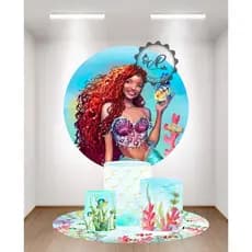 KIT PAINEL REDONDO 1,50 + CAPAS CILINDROS TECIDO SUBLIMADO FILME PEQUENA SEREIA