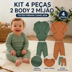 kit 4 peças body e mijão para bebe infantil menina e menino canelado