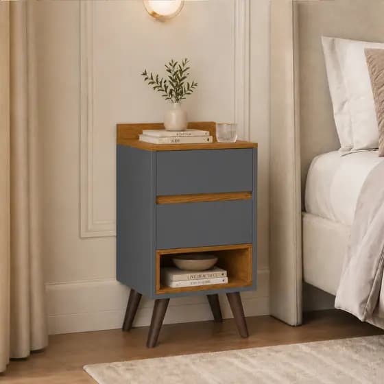 Mesa de Cabeceira Duda Retrô com 2 Gavetas Nicho Pés Palito para Quarto Cama Decorativo