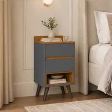 Mesa de Cabeceira Duda Retrô com 2 Gavetas Nicho Pés Palito para Quarto Cama Decorativo