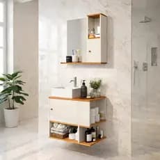 Conjunto Gabinete e Espelheira para Banheiro Suspenso Com Nicho e Porta Moderno