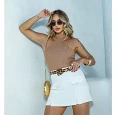 Blusa Regata Basica Feminina Tricot Modal Verão Gola Alta Canelada