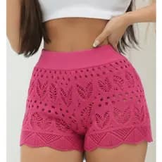 Shorts Feminino Moda Saida De Praia Com Furinhos Detalhe de Croche