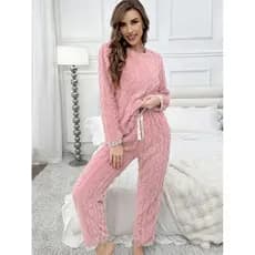 Conjunto De Pijama Feminino De Lã Grossa Torção Outono Inverno Quente Manga Comprida Calças Superiores Macio Aconchegant