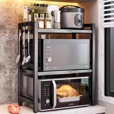 Suporte para Microondas de Parede Armario Cozinha Prateleira Retrátil para Cozinha Suporte Micro Com 6 ganchos preto