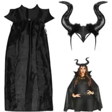 Kit Fantasia Feminina Adulto Malévola Capa Longa Gola Alta Tiara de Chifre Halloween Rainha Fada Má