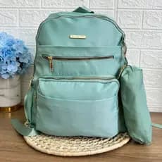 Mochila Feminina Luxo Estilo Coreano Bordada Oxford Azul Ciano com Estojo