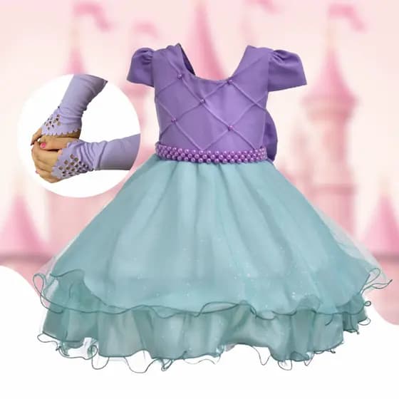 Vestido Infantil Temático Sereia Rodado Aniversário Festa Fantasia Com Luva Cinto Pérolas Laço