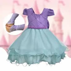 Vestido Infantil Temático Sereia Rodado Aniversário Festa Fantasia Com Luva Cinto Pérolas Laço
