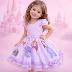 Vestido Infantil Temático Princesa Sofia Luxo Festa Bufante Rodado Com Laço E Pérolas Delicado