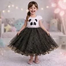 Vestido Infantil Feminino Tema Urso Panda Menina De Tule Luxo Para Festa Aniversário Estampado Fofo