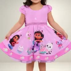 Vestido Infantil Temático Gabby Luxo Rosa Festa Aniversário Casa Mágica Princesa Rodado Encantador