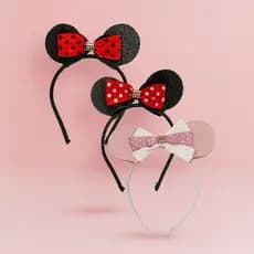 Tiara Infantil Minnie Orelhinhas Com Laço Paetê Rosa Vermelha Festa Fantasia Menina