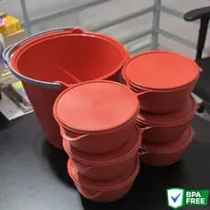 Kit Balde De 8 Litros com Alça + 06 Conjunto Peças - Tigela Pote Bowl de 1 litro Plástico com Tampa.