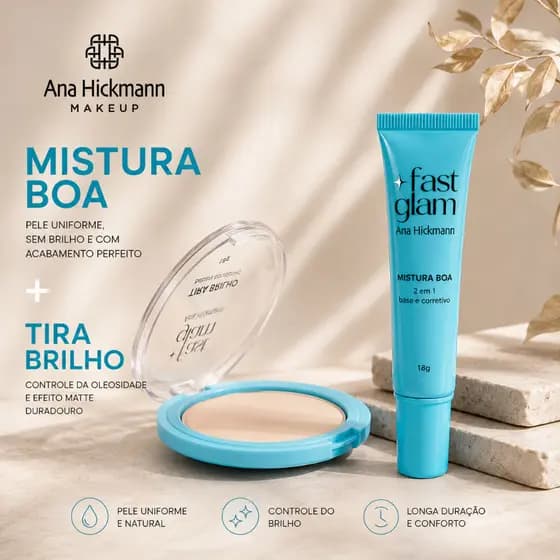 Kit Pó Compacto Tira Brilho + Base 2 em 1 Mistura Boa Maquiagem Ana Hickmann