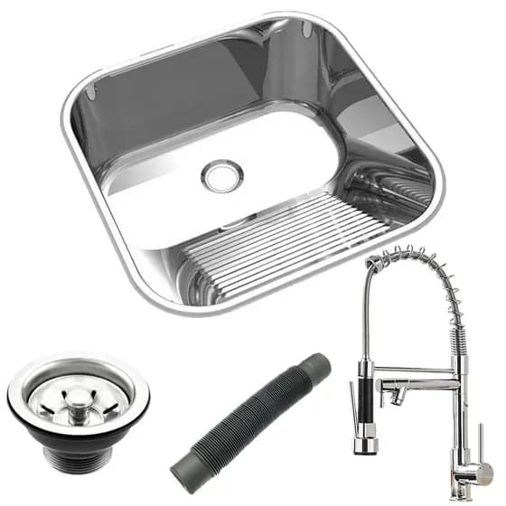 KIT Tanque Lavanderia Cuba Aço Inox Moderno Área com acessórios  e Torneira gourmet