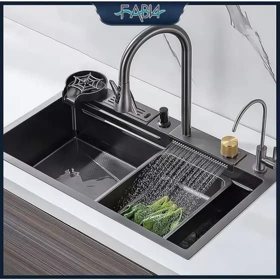 Kit Cuba de Cozinha Gourmet Completa Aço Inox | Torneira Cascata + Acessórios 75/68×45×22cm