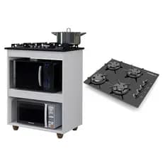 Kit Balcão para Cooktop Cozinha Kaiki Turim com Fogão Cooktop Chef 4 Bocas Ultra Chama Preto