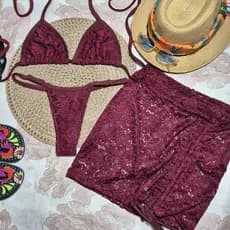 KIT 3 PEÇAS CONJUNTO BIQUÍNI TRIQUÍNI DE RENDA COM REGULAGEM  MARQUINHA E SAIA SAÍDA MODA PRAIA