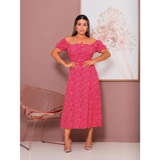 Vestido Feminino Midi Manga Princesa com forro e Fenda na Frente Elegância - Moda Casual