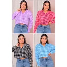 Camisa Cropped Xadrez Feminino Manga Longa em Crepinho com Botões Frontais - Elegante