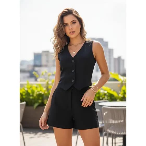 Conjunto Sensorial Elegante Colete mais Shorts com Botões Funcionais Perfeito