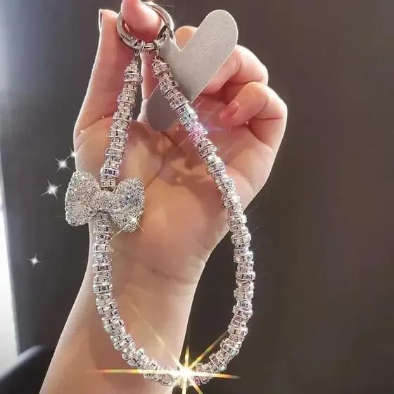 Curto Diamante Cravejado Arco Cordão Do Telefone Móvel Pulseira Brilhante IPhone 16 Caso Chave Universal Corda Saco Corp