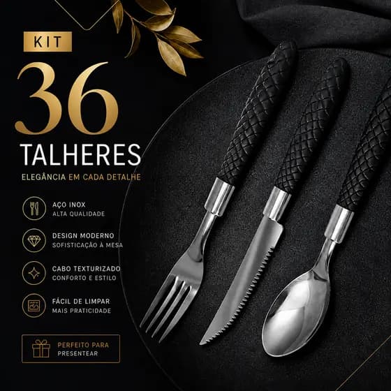 Jogo Talheres 36 Peças Garfo Colher Faca Cabo Preto Aço Inox