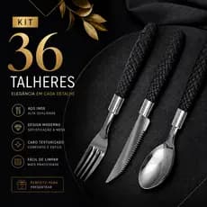 Jogo Talheres 36 Peças Garfo Colher Faca Cabo Preto Aço Inox