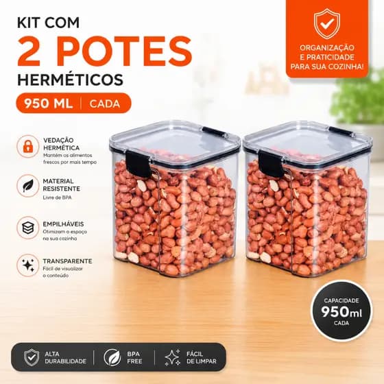 Kit 2 Potes Herméticos 950ml Tampa De Vedação Empilhável