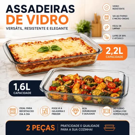 Kit 2 Assadeiras Travessa de Vidro Borossilicato Retangular