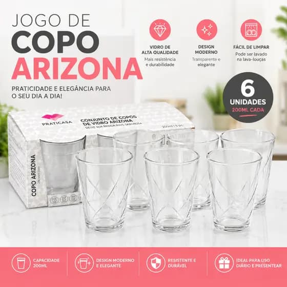 Jogo De 6 Copos De Vidro Arizona Transparente 200ml