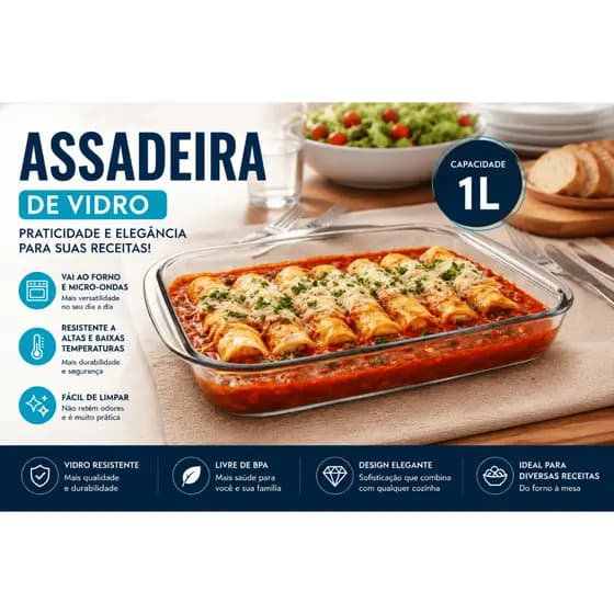 Assadeiras Travessa de vidro Borossilicato Retangular 1 Litro - COM E SEM TAMPA