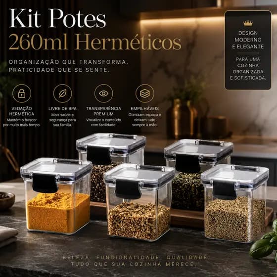 Porta Tempero Potes Hermético 260ml Retangular Empilhável Cozinha Mantimento