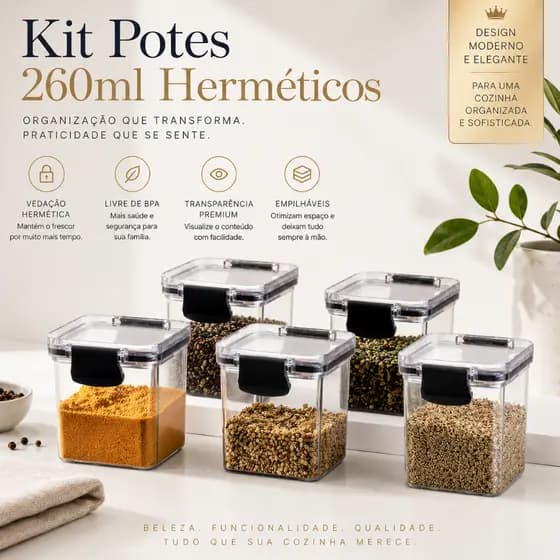 Kit Potes Herméticos C/Tampa Cozinha Tempero Empilháveis 260ml